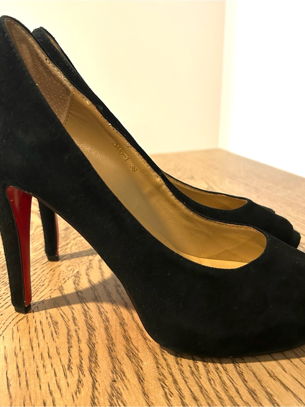 Christian Louboutin Peep Toe Platform Stiletto Heels Black Suede EU 39